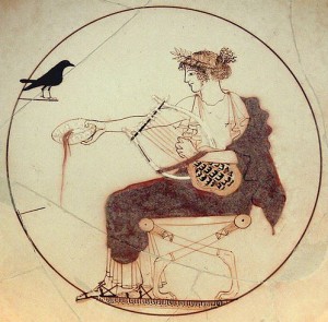Apolo con una lira representado en un kílix (copa ancha y poco profunda con dos asas simétricas) del siglo V a. de C.