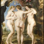 Las tres Gracias (Rubens). Pintado al óleo sobre tabla, mide 221 cm de alto por 181 cm de ancho.
