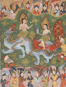 Adán y Eva rodeados de ángeles en una miniatura persa de hacia 1550.
