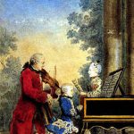 Acuarela de la familia Mozart durante su viaje: Leopold interpretando con el violín, Wolfgang Amadeus al clavecín y Nannerl, cantando. (Obra de Louis Carrogis Carmontelle hacia 1763)