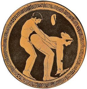 Cliente y hetaira manteniendo sexo anal representado en un kílix (copa típica de la cerámica griega clásica, semejante a un cáliz, para beber vino) de figuras rojas.