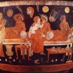 Vaso griego con la representación de un banquete. (Las cerámicas proporcionan un testimonio muy preciado sobre la vida cotidiana de las prostitutas en aquel tiempo).