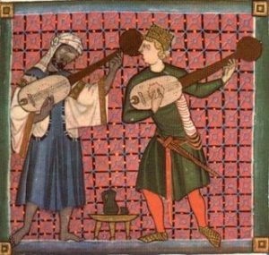 Juglares representados en las Cantigas de Alfonso X el Sabio, una de las colecciones de canción monofónica más importante de la literatura medieval occidental.