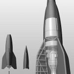 Corte diagramático de un A-9, primer proyecto práctico de un misil balístico capaz de cruzar el océano Atlántico. Su diseño comenzó en 1940 por un equipo dirigido por Wernher von Braun. Nunca llegó a la fase de producción.