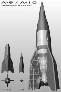 Corte diagramático de un A-9, primer proyecto práctico de un misil balístico capaz de cruzar el océano Atlántico. Su diseño comenzó en 1940 por un equipo dirigido por Wernher von Braun.