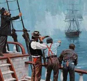 Representación de la tripulación del Dei Gratia avistando al Mary Celeste abandonado a su suerte.