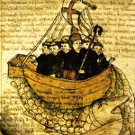 Grabado que ilustra el manuscrito de los viajes de san Borondón, abad de Clonfert (Irlanda).